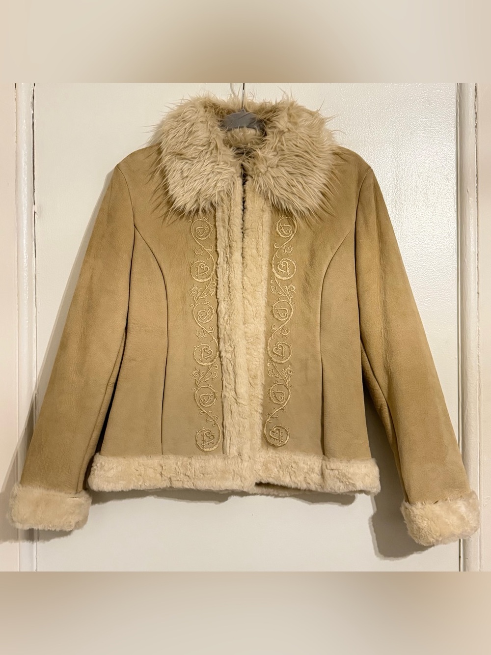 GUESS Y2K Genuine Leather Faux Shearling Embroidered Jacket Size M